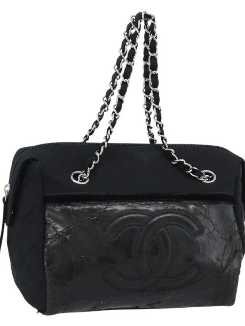 CHANEL Chain Shoulder Bag Canvas Black Silver CC Auth